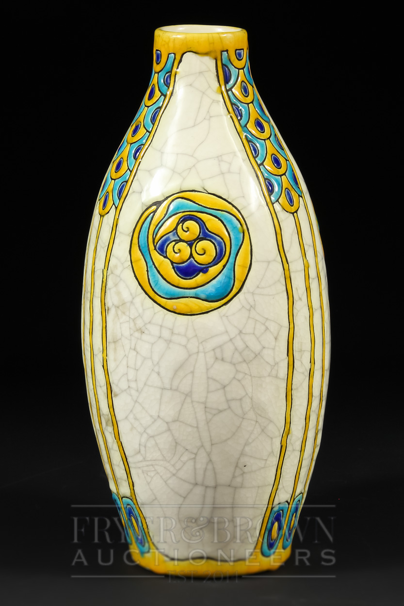 A Boch Freres, Belgium, vase of elongated ovoid from, the cream crackle glaze ground decorated in - Image 2 of 6