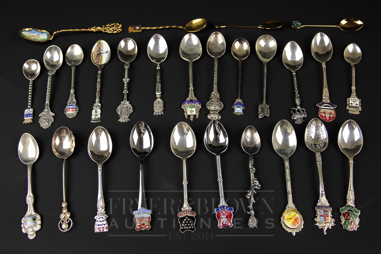 Seven silver souvenir spoons; and quantity of similar silver plated items (qty)