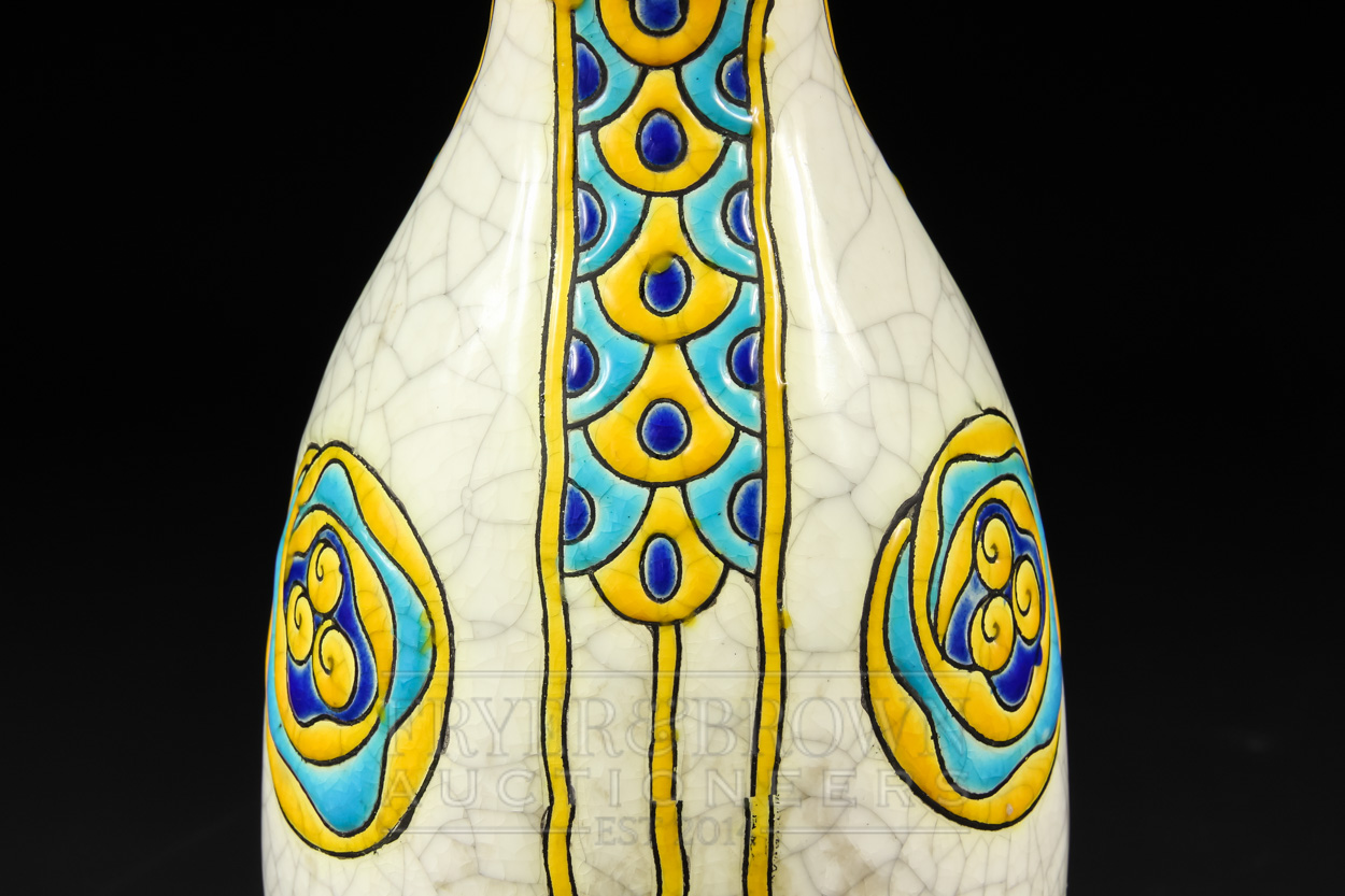 A Boch Freres, Belgium, vase of elongated ovoid from, the cream crackle glaze ground decorated in - Image 4 of 6