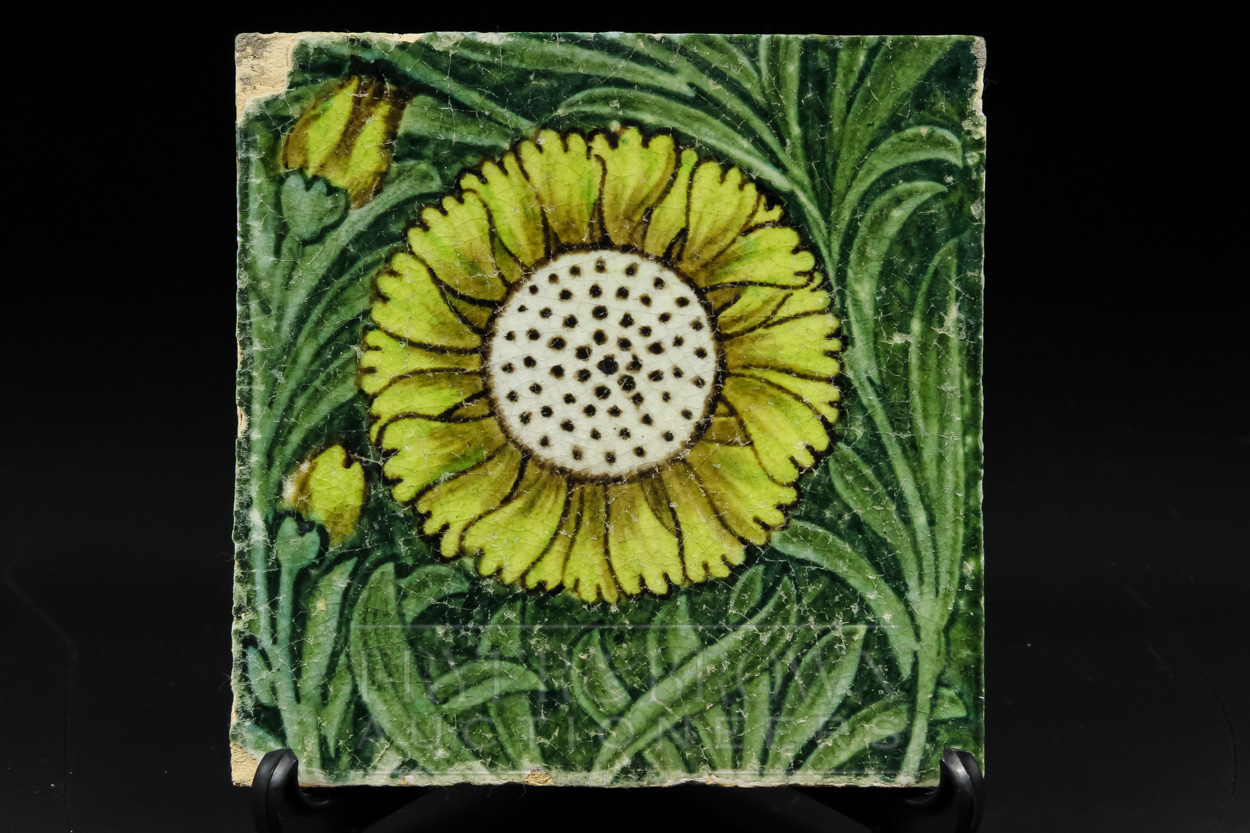 Two William de Morgan earthenware tiles, Marlborough, yellow sunflowers on a leafy green ground, - Image 4 of 6