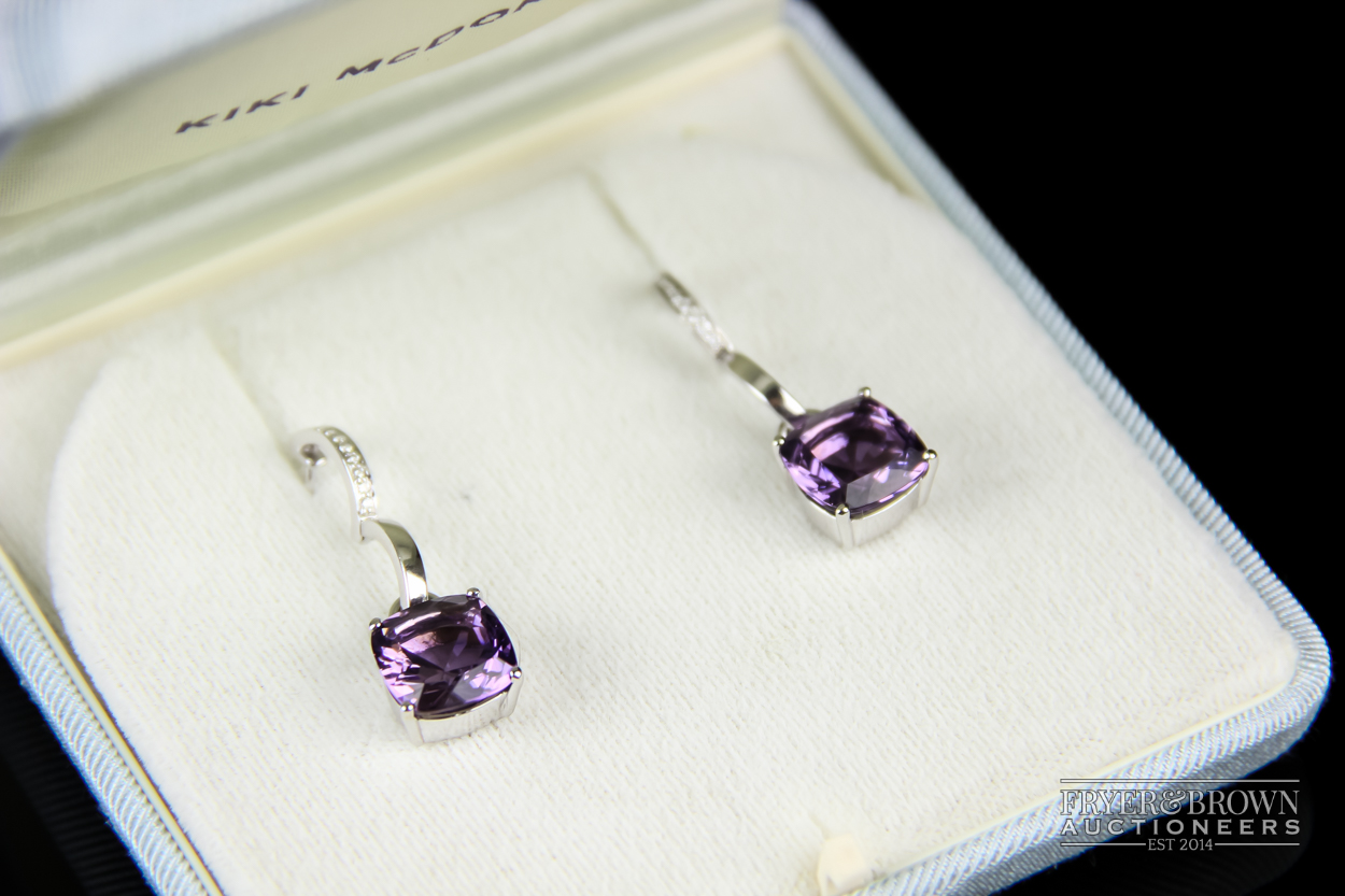 Kiki McDonough An attractive pair of 18 carat white gold and amethyst and diamond earrings, the - Image 3 of 5