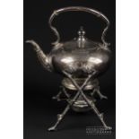 A James Dixon & Sons silver plated spirit kettle, with crabstock X frame stand, engraved with