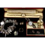 A 22ct gold band rings; a ladies 9ct gold wrist watch by Majex; a pair of cultured pearl and 9ct