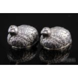 A pair of silver plated quail form salt and pepper pots, naturalistically modelled, 5.5cm max approx