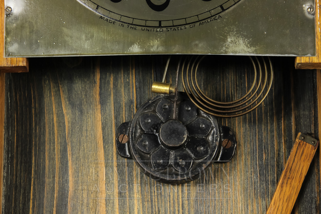 An American oak cased Arts & Crafts striking wall clock, the metal dial marked Made in the United - Image 4 of 5