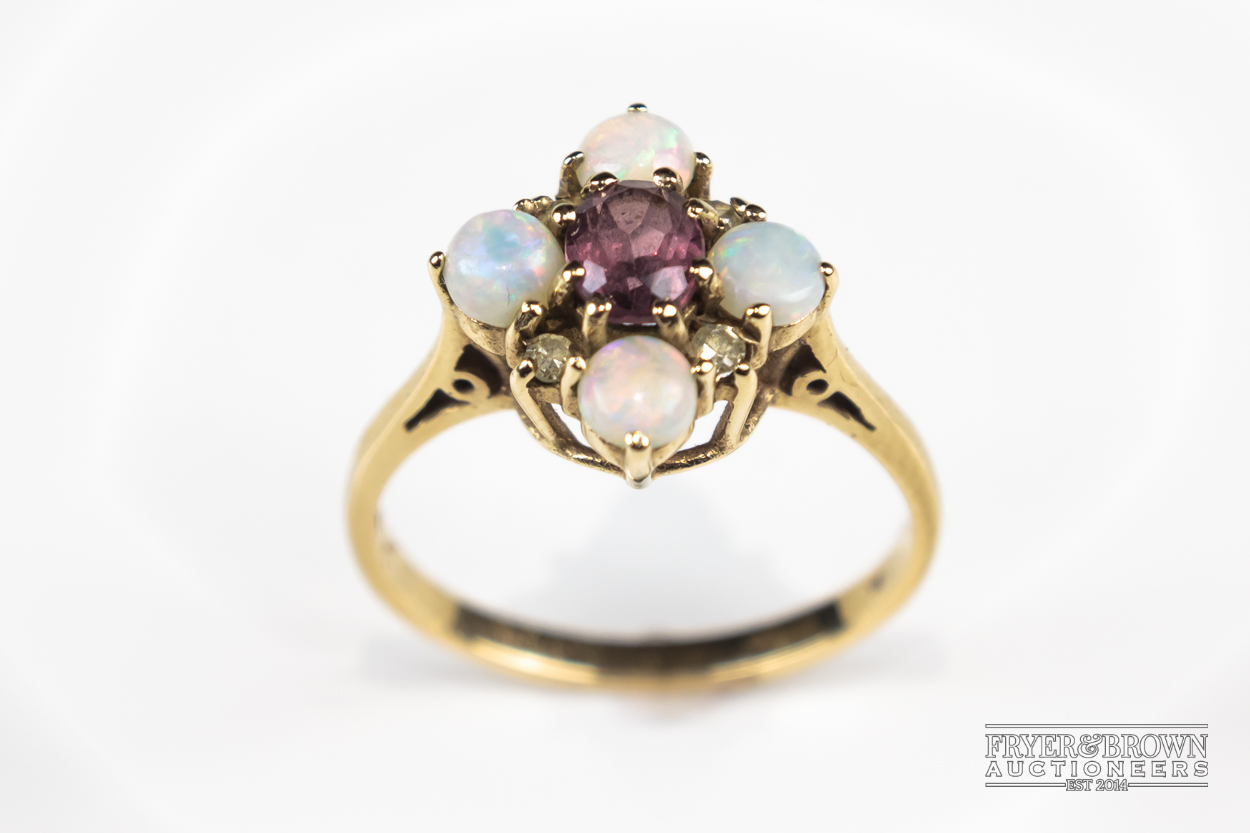 An 18 carat white gold and opal mixed cut aquamarine single stone ring; and an opal & ruby 8/8 cut - Image 3 of 5