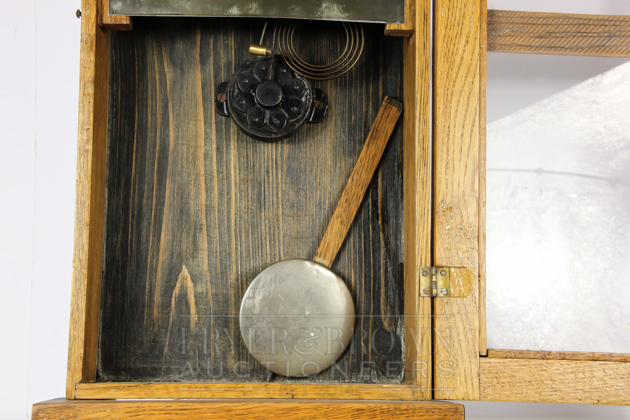 An American oak cased Arts & Crafts striking wall clock, the metal dial marked Made in the United - Image 3 of 5