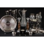 A quantity of silver plated items, including a pair of turned wood & plate candlesticks, four