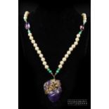 An 18 carat gold , cultured pearl, amethyst and turquoise pendant necklace,the Chinese carved