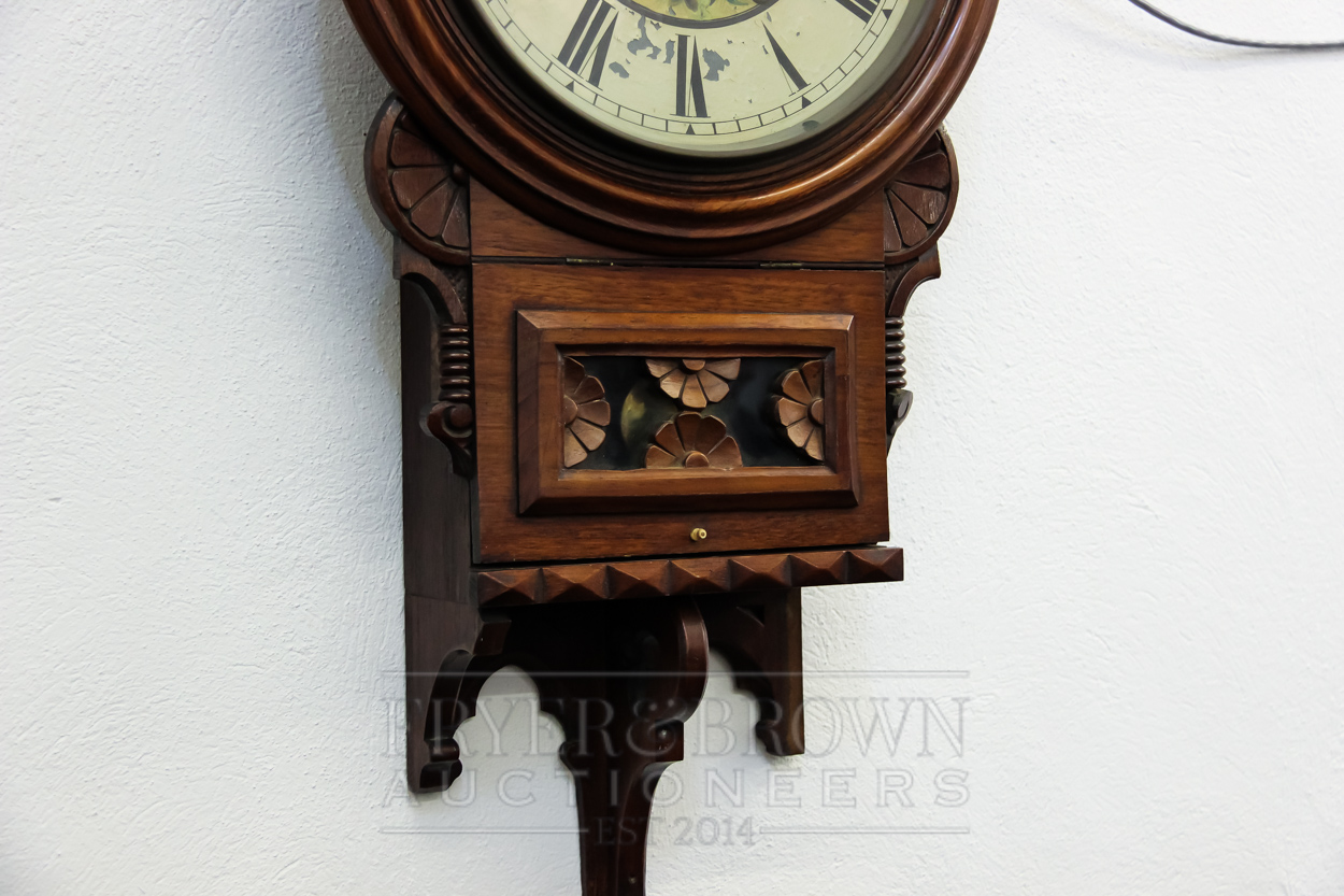 An American walnut wall clock, the circular metal dial painted with a swift and roses above a - Image 3 of 4