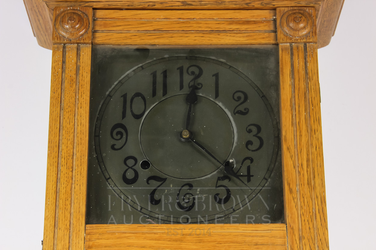 An American oak cased Arts & Crafts striking wall clock, the metal dial marked Made in the United - Image 2 of 5