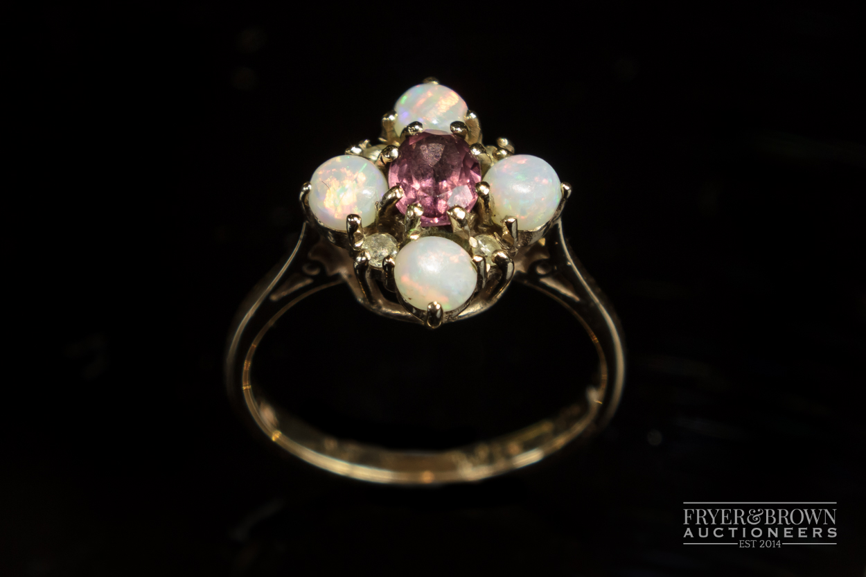 An 18 carat white gold and opal mixed cut aquamarine single stone ring; and an opal & ruby 8/8 cut - Image 2 of 5