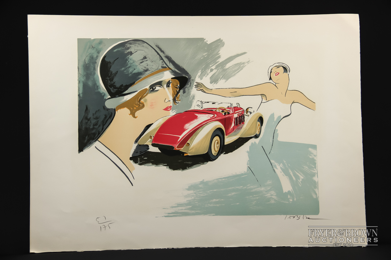 Daniel Lebier (b1941) - Vintage motor car with two 1920's ladies, colour print, signed in pencil and