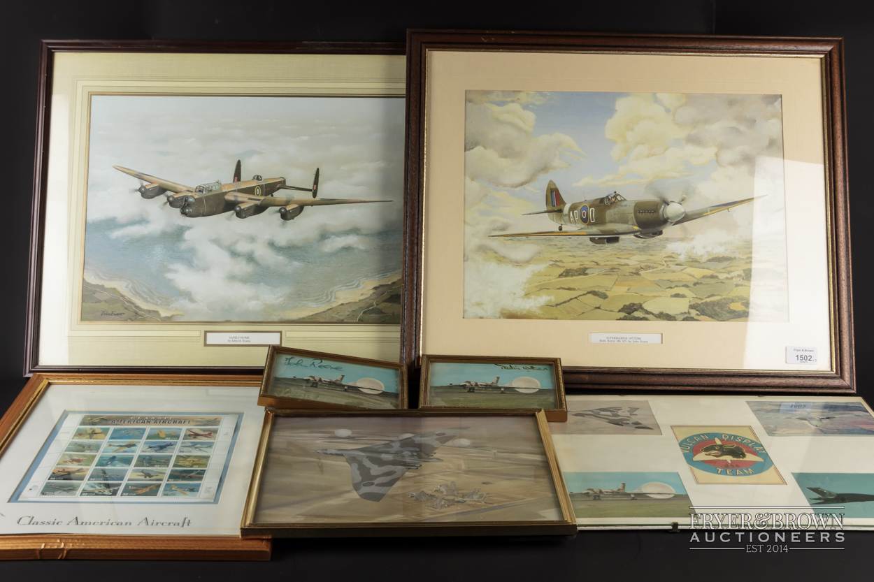 John Evans - 'Supermarine Spitfire, Rolls Royce Mk XIV' and 'Safely Home', prints, framed; a