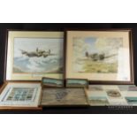 John Evans - 'Supermarine Spitfire, Rolls Royce Mk XIV' and 'Safely Home', prints, framed; a