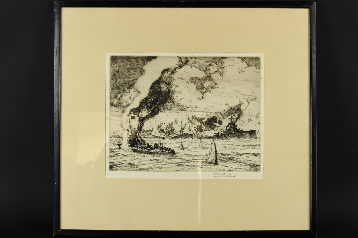 Robert H. Smith - battle at sea, possibly Jutland, engraving, signed in pencil, 28.5 x 23cm