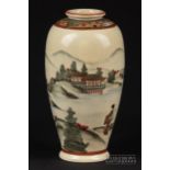 A Japanese Satsuma pottery vase of tapered ovoid form, sparsely decorated with figures on a
