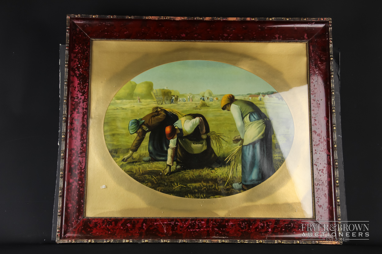 Two oleographs after 'Millet', The Gleaners and another, 55x44cm in matching red and black frames - Image 4 of 5