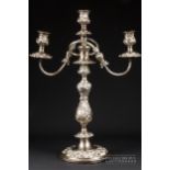 A late 19th century silver plated three-light candelabra, the foot inscribed 32 Fighter Sqdn (