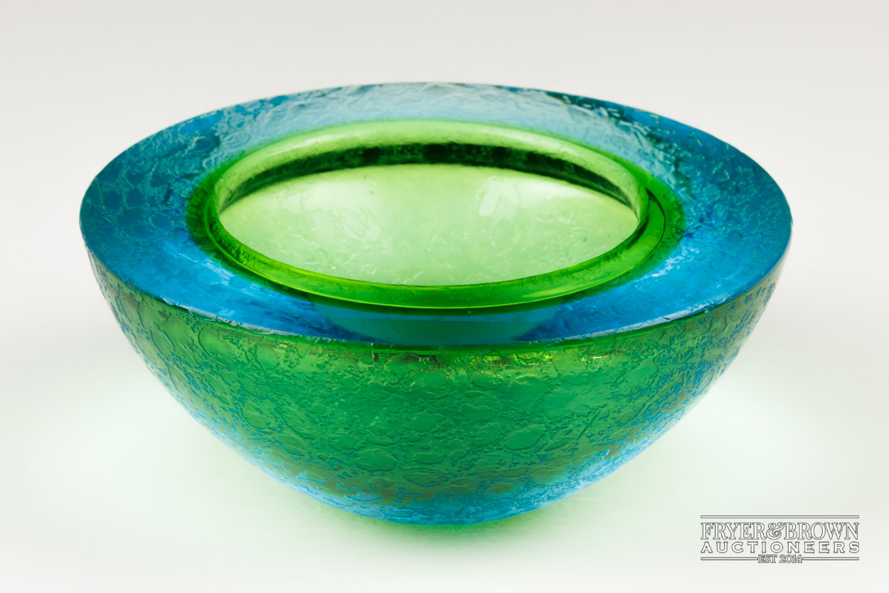 A Cenedese style glass geode bowl, in electric blue and Uranium green, unusual textured exterior, - Image 2 of 3