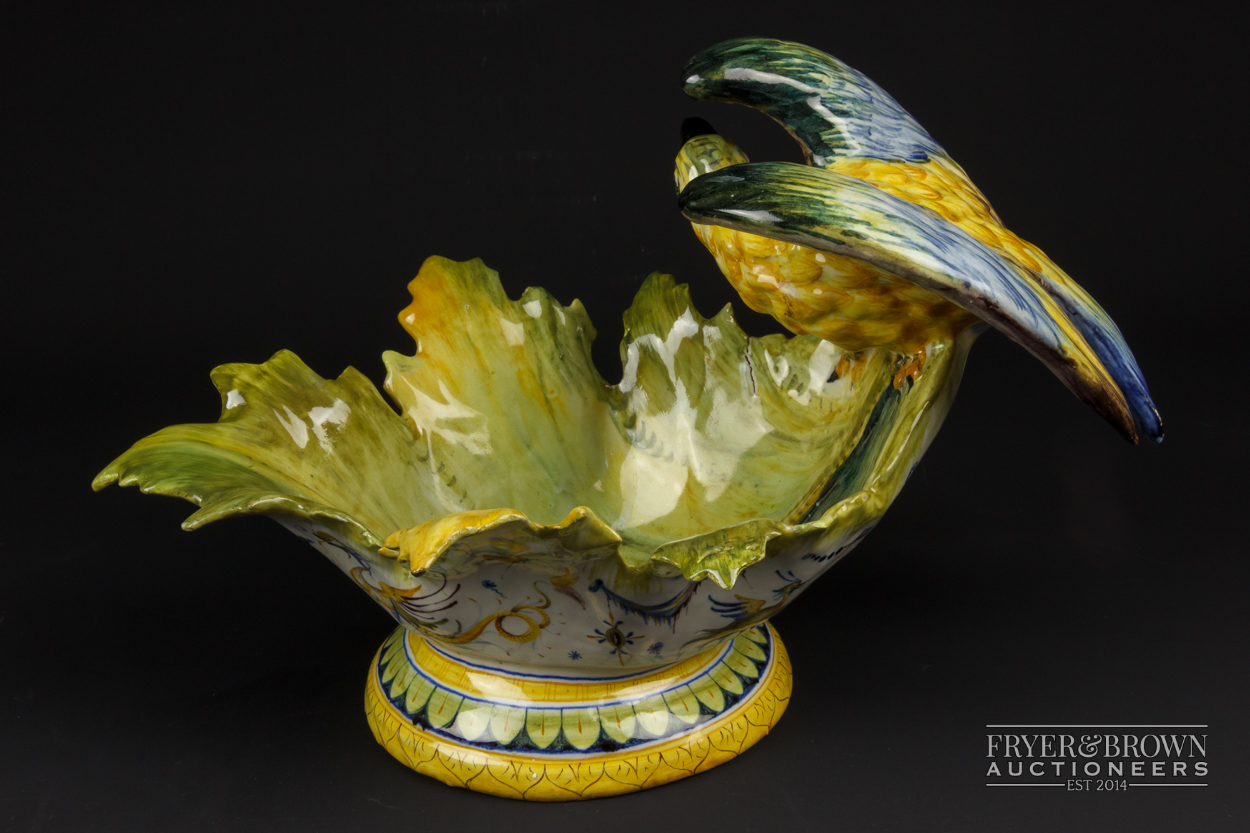 A Cantagalli maiolica bowl, formed as a large bird perched upon a leaf form bowl, decorated in - Image 3 of 8