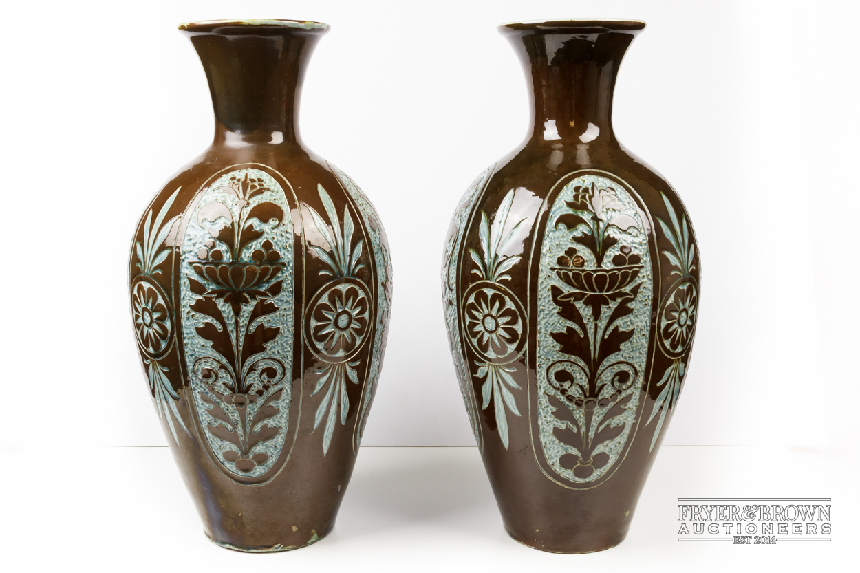 A pair of large C.H. Brannam pottery vases, slender ovoid for with trumpet neck, brown incised to - Image 2 of 6