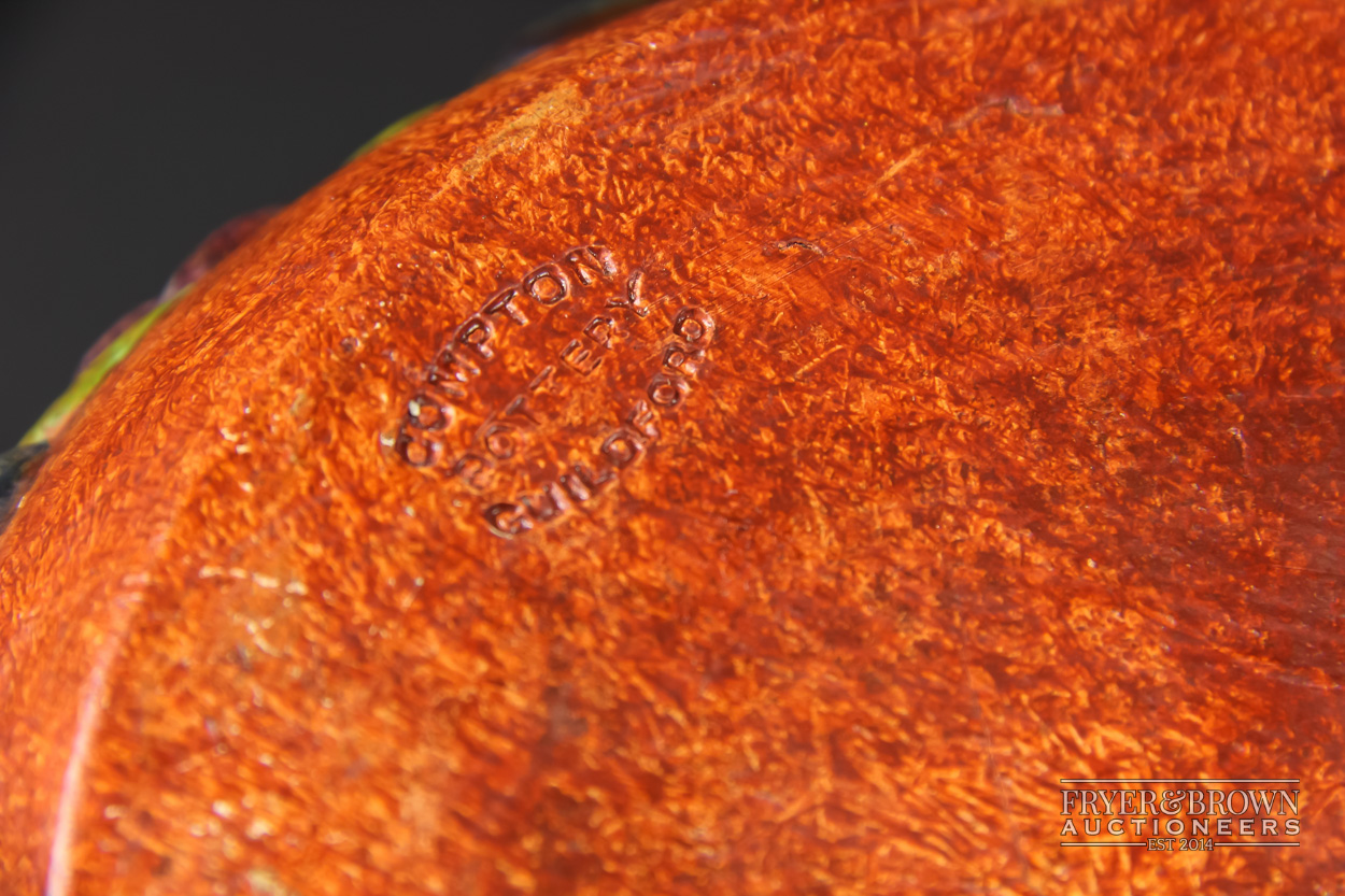 A Compton pottery bowl, decorated in high relief with a band of fruit, orange ground, impressed mark - Image 3 of 5