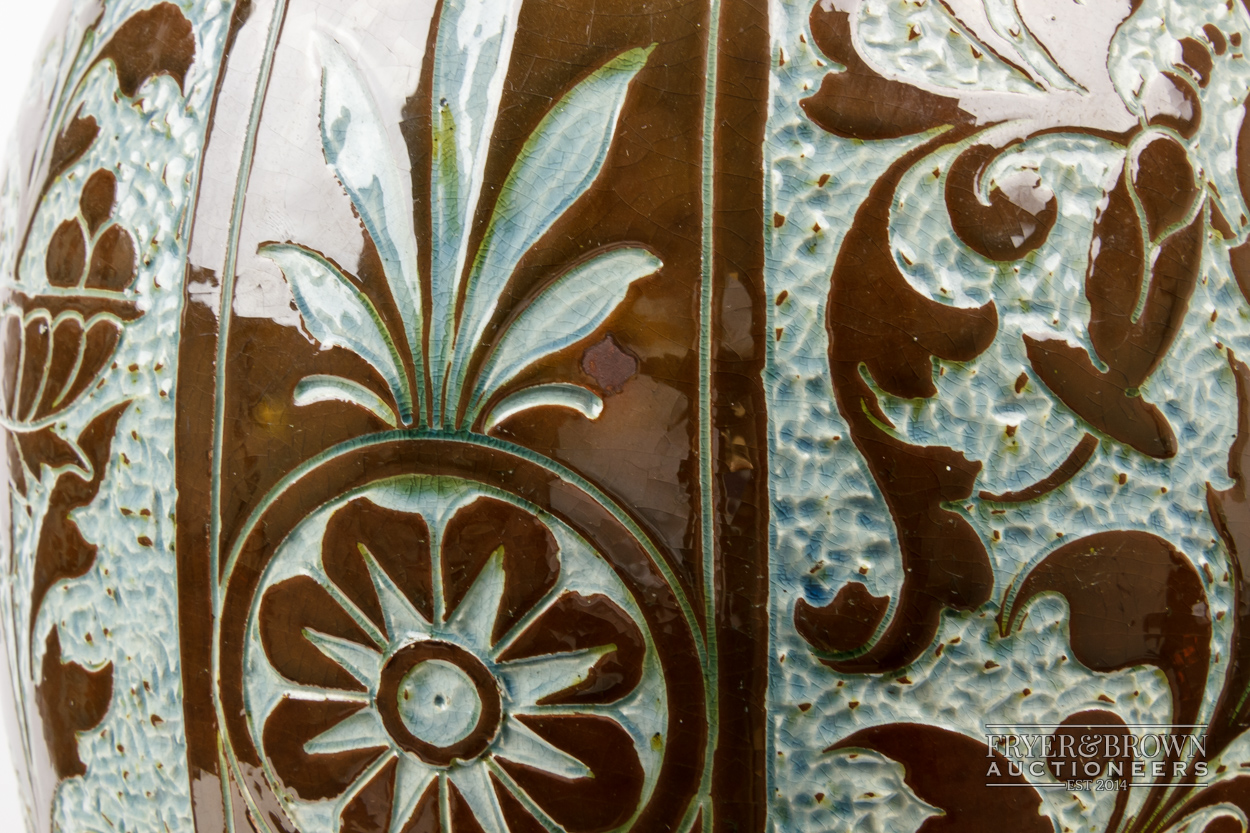 A pair of large C.H. Brannam pottery vases, slender ovoid for with trumpet neck, brown incised to - Image 6 of 6