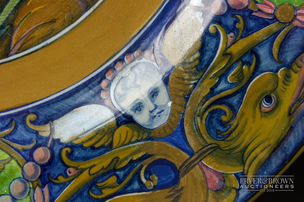 A Cantagalli maiolica charger in Deruta style, decorated with central design of a young lady with - Image 3 of 6