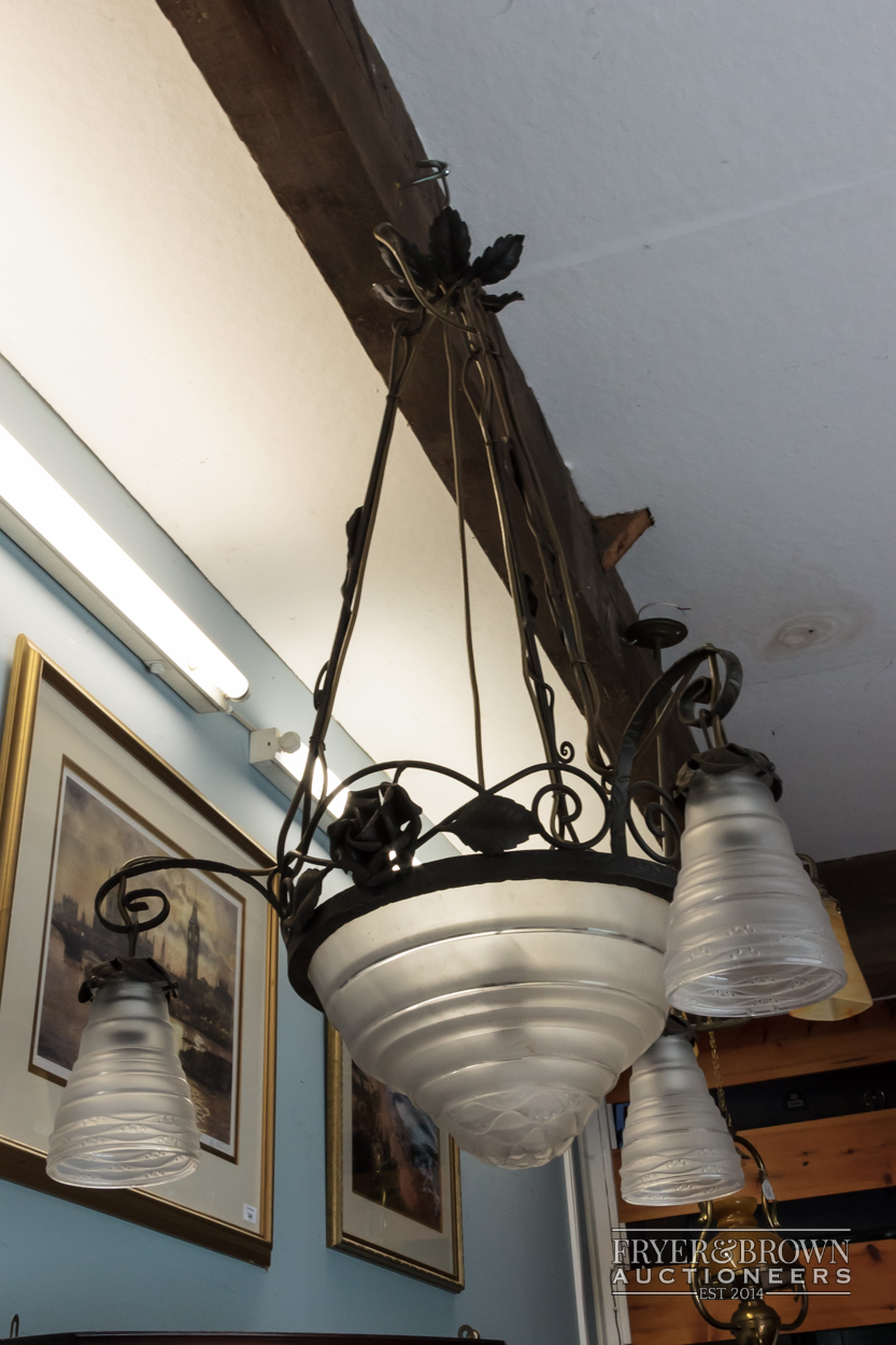 A French Art Deco metalwork light fitting finely worked with roses and stiff leaves, the central - Image 4 of 7