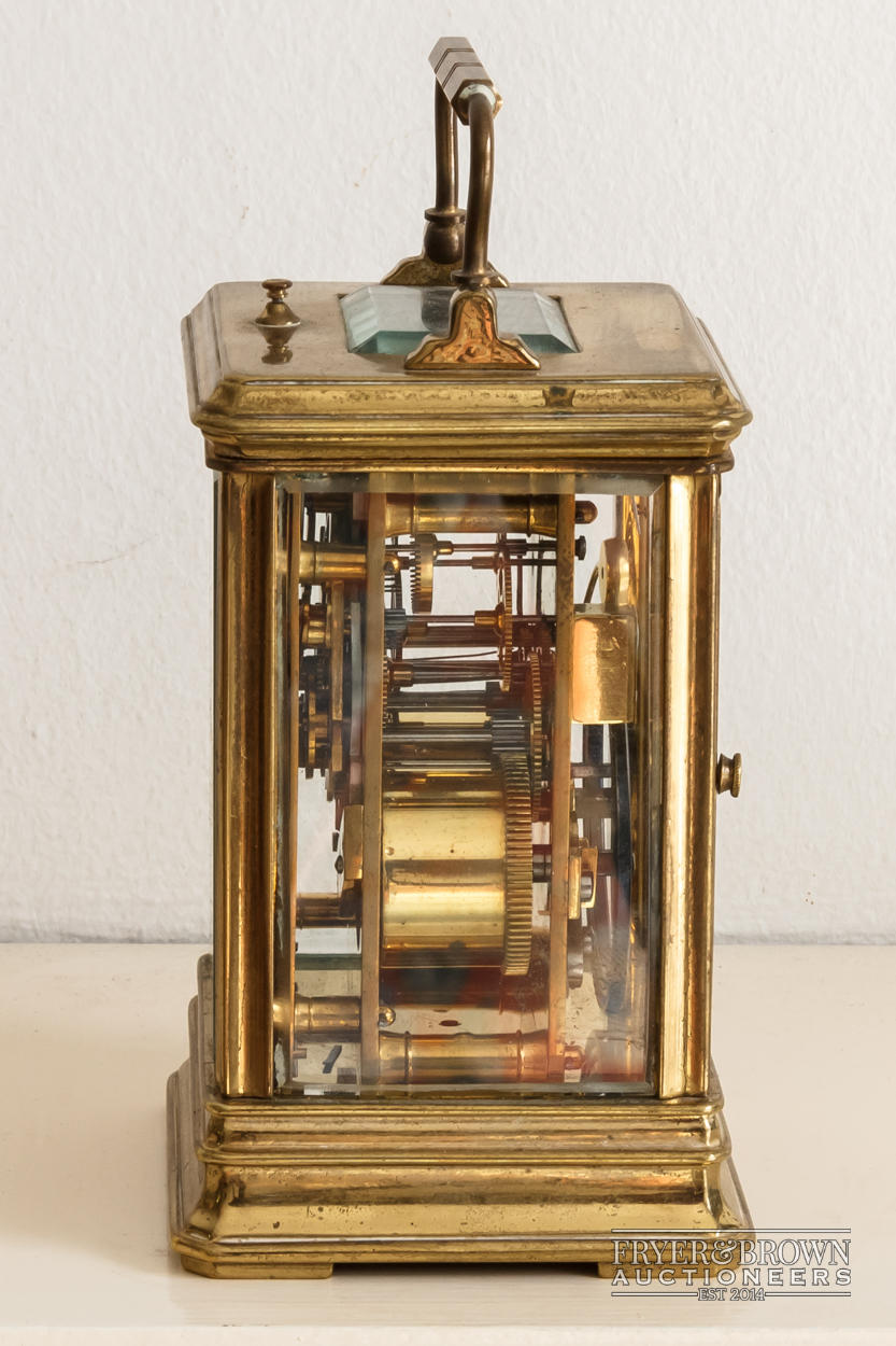 A good antique repeater carriage clock, c1890, the lacquered gilded brass corniche case with a - Image 2 of 6