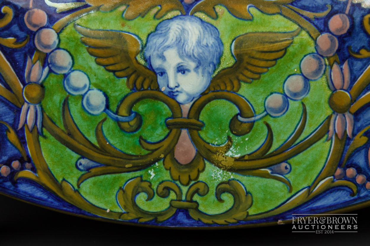 A Cantagalli maiolica charger in Deruta style, decorated with central design of a young lady with - Image 4 of 6