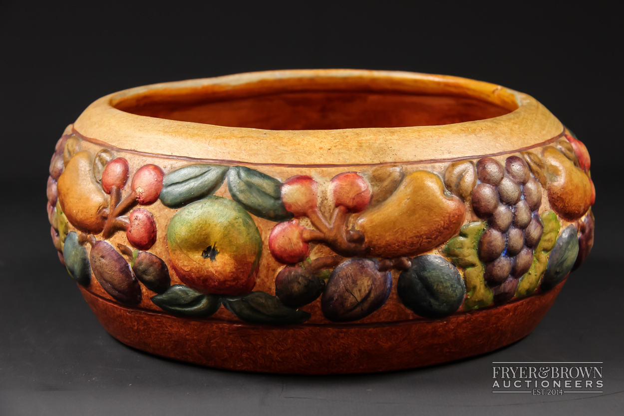 A Compton pottery bowl, decorated in high relief with a band of fruit, orange ground, impressed mark - Image 5 of 5