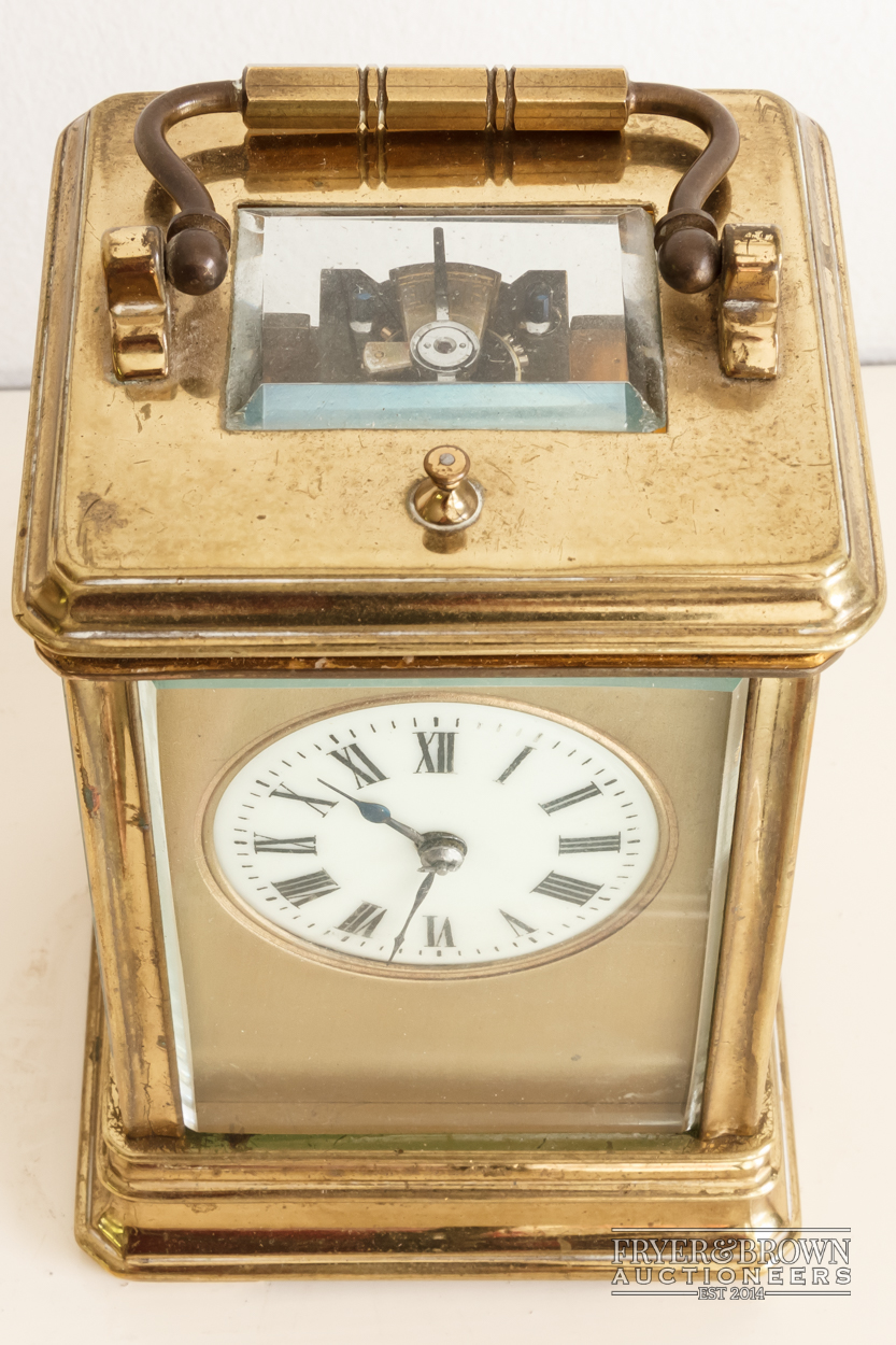 A good antique repeater carriage clock, c1890, the lacquered gilded brass corniche case with a - Image 6 of 6