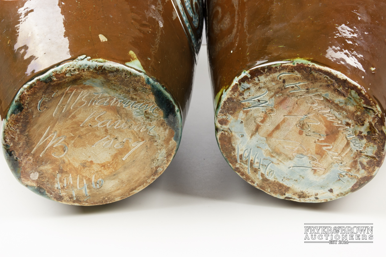 A pair of large C.H. Brannam pottery vases, slender ovoid for with trumpet neck, brown incised to - Image 5 of 6