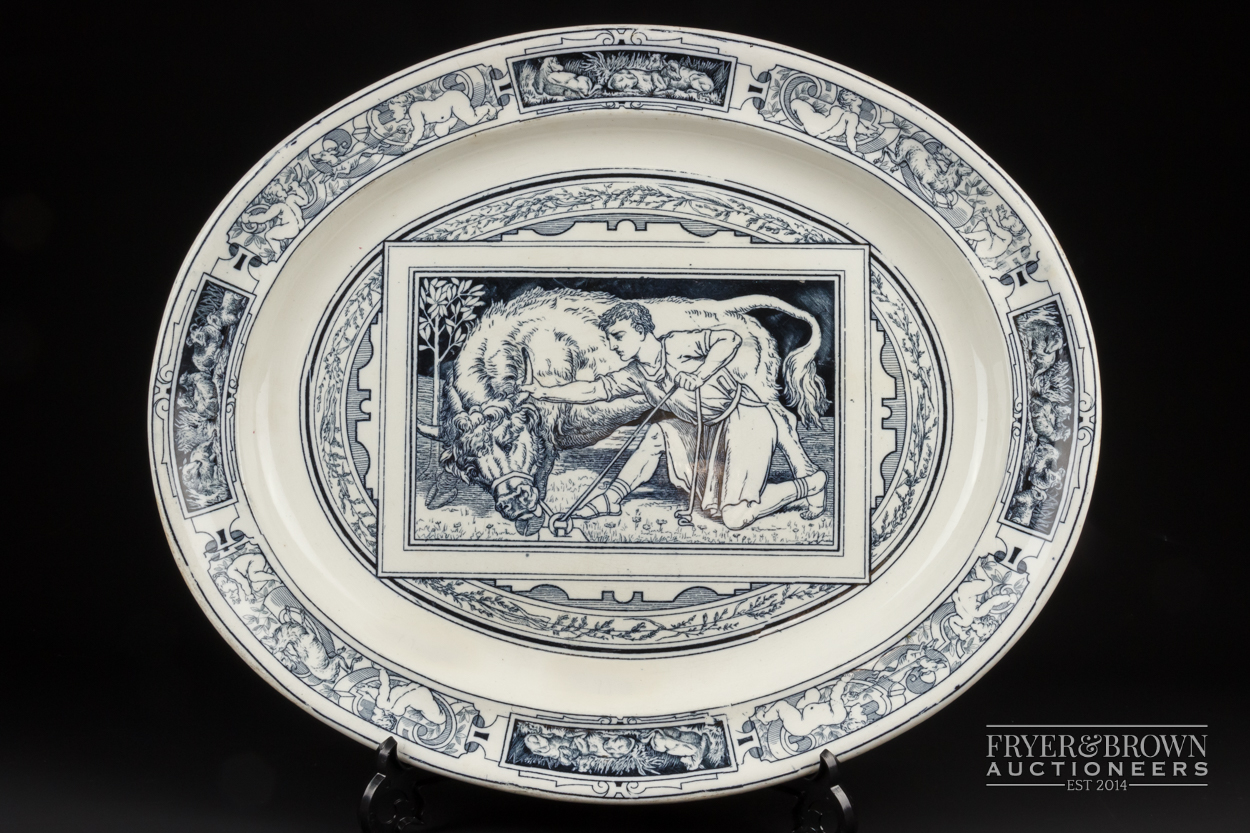 A Wedgwood blue printed meat plate, oval, decorated in Aesthetic manner with banquet pattern,