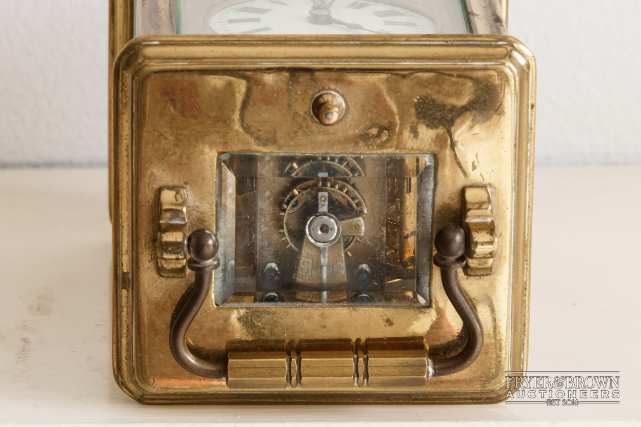 A good antique repeater carriage clock, c1890, the lacquered gilded brass corniche case with a - Image 5 of 6