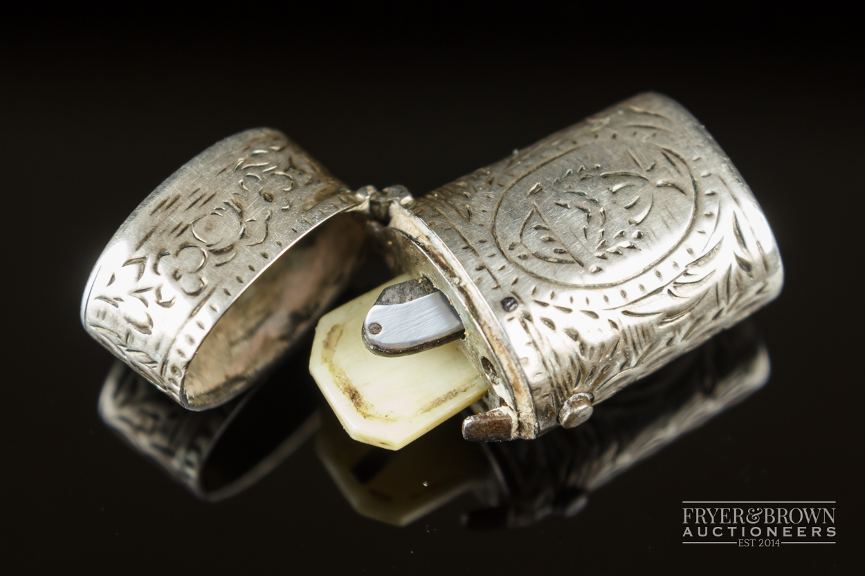 A rare miniature Palais Royale white metal, mother of pearl and ivory etui, c1820, the etui case