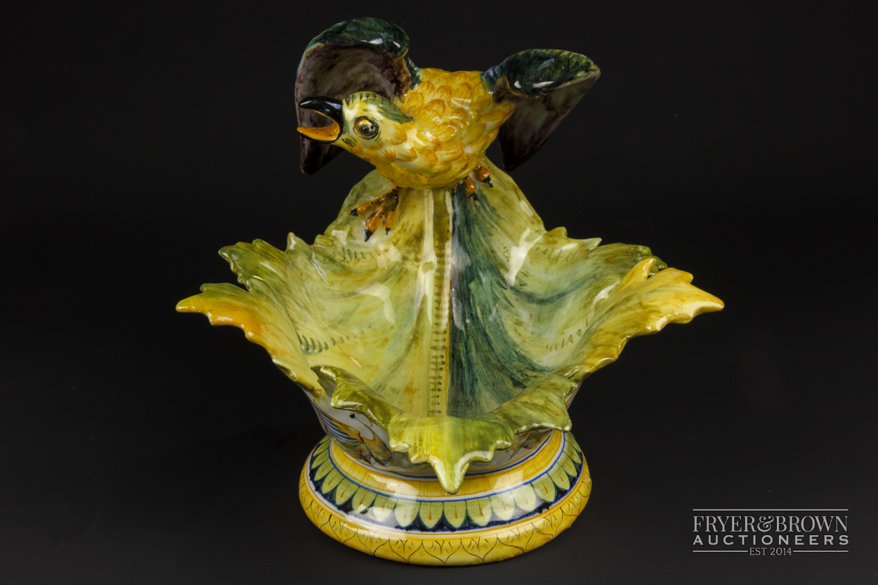 A Cantagalli maiolica bowl, formed as a large bird perched upon a leaf form bowl, decorated in - Image 2 of 8