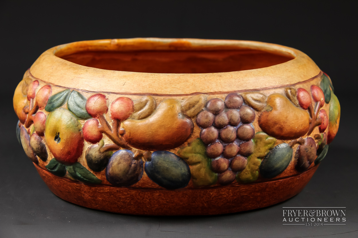 A Compton pottery bowl, decorated in high relief with a band of fruit, orange ground, impressed mark - Image 2 of 5