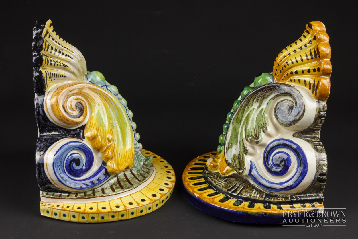 A matched pair of Cantagalli maiolica wall brackets of foliate 'C' scrolls and scallop shell design, - Image 2 of 5