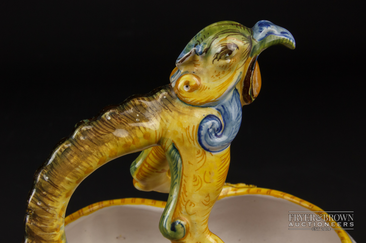 A Cantagalli maiolica trefoil bowl, the handle formed as a grotesque bird, decorated in Urbino style - Image 6 of 6