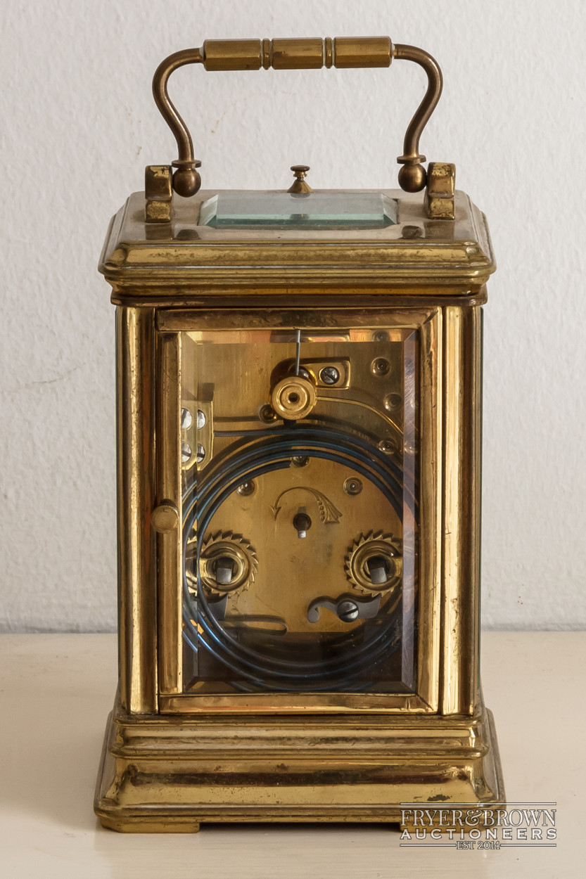 A good antique repeater carriage clock, c1890, the lacquered gilded brass corniche case with a - Image 3 of 6