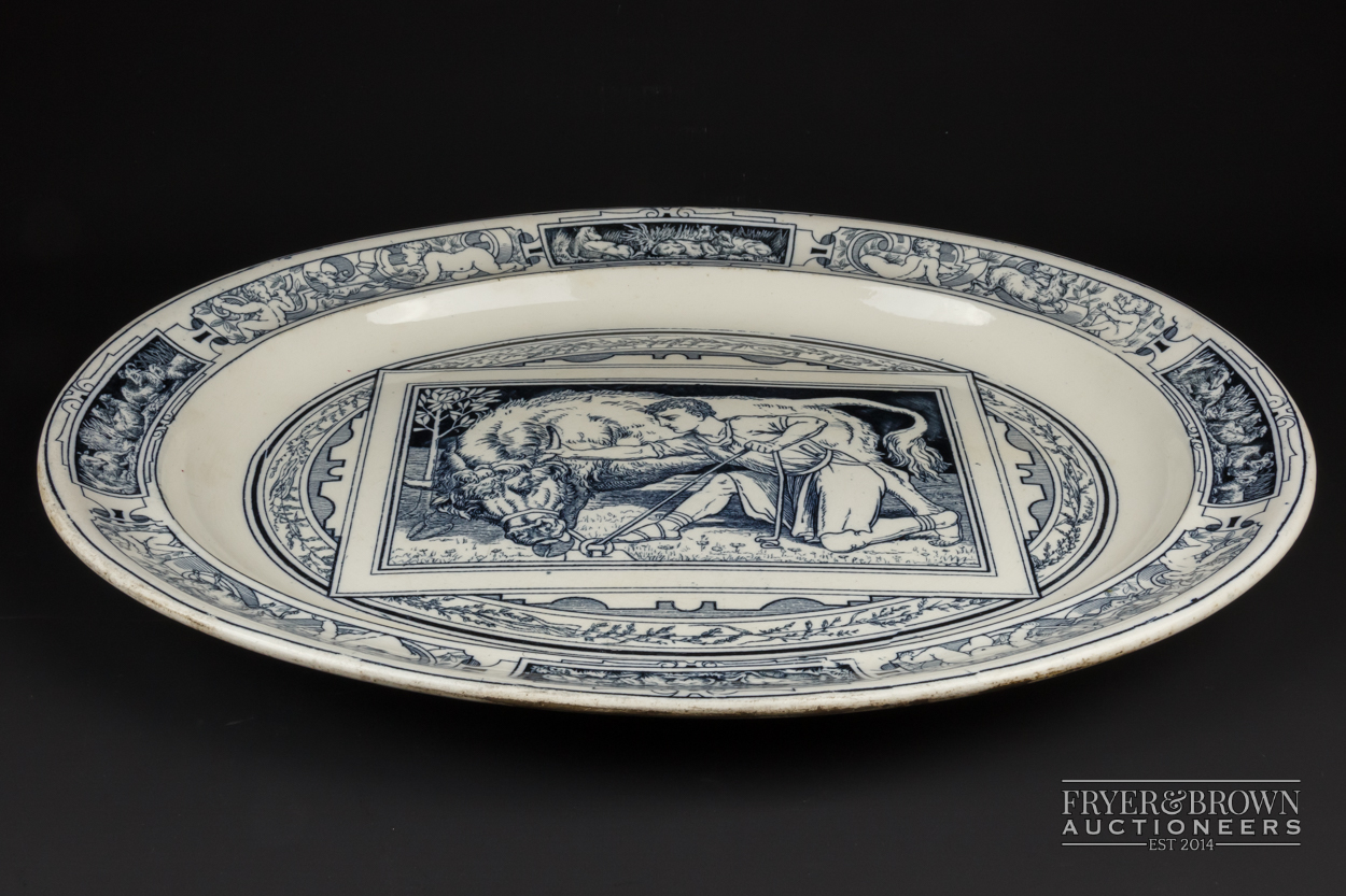 A Wedgwood blue printed meat plate, oval, decorated in Aesthetic manner with banquet pattern, - Image 4 of 4