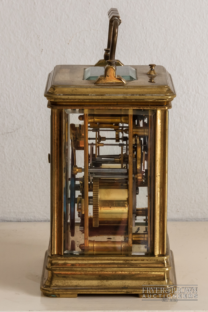 A good antique repeater carriage clock, c1890, the lacquered gilded brass corniche case with a - Image 4 of 6