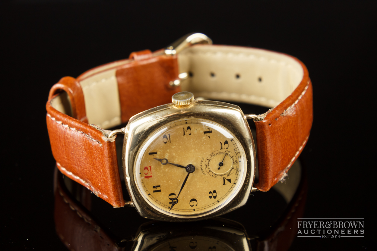 A vintage 9ct gold Longines cushion shaped gentleman's wrist watch, c1930, the Champagne coloured - Image 5 of 8