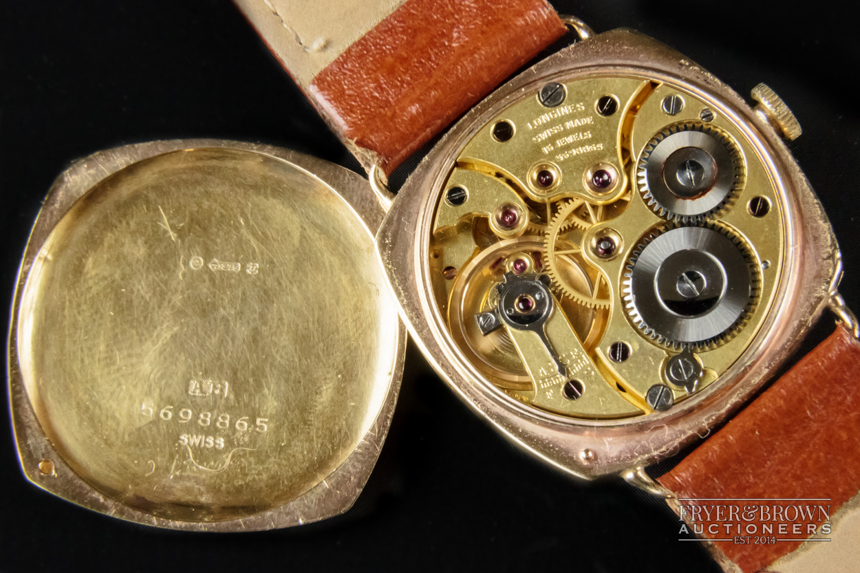 A vintage 9ct gold Longines cushion shaped gentleman's wrist watch, c1930, the Champagne coloured - Image 7 of 8