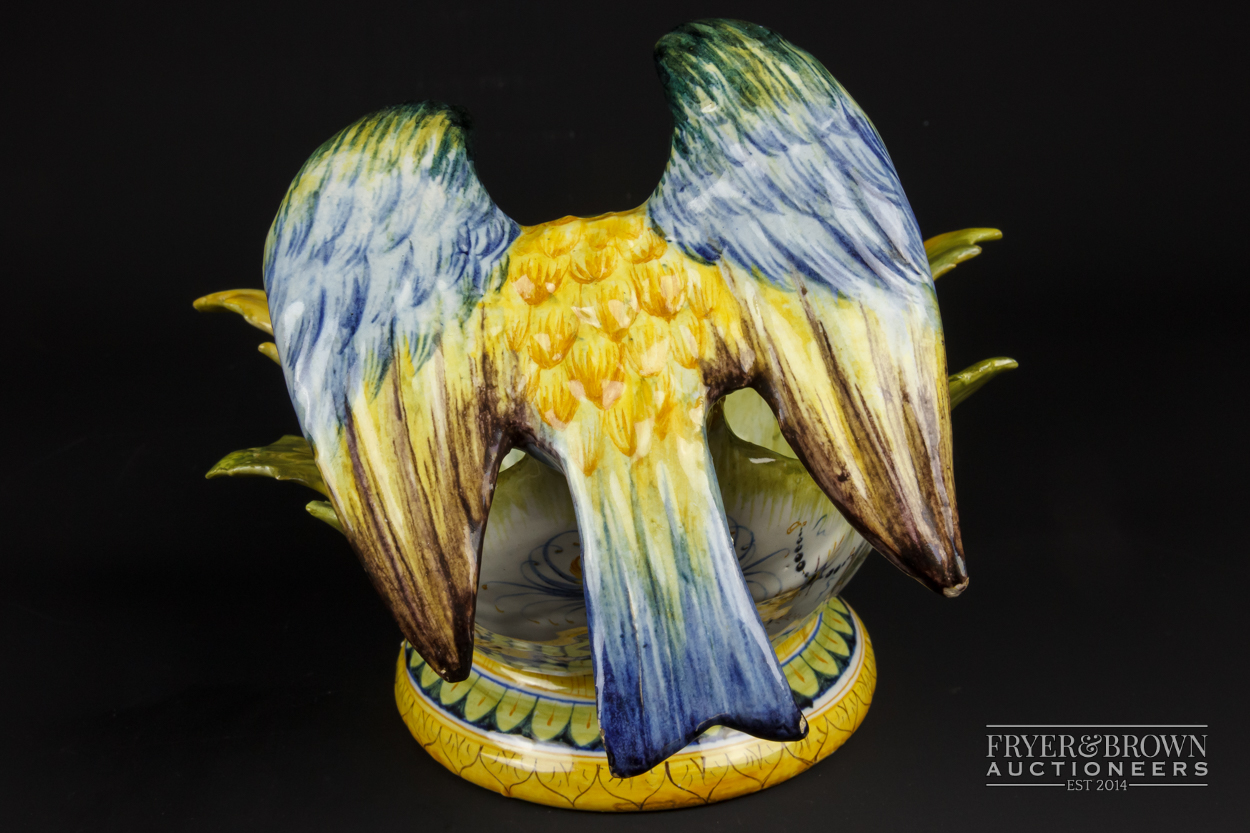 A Cantagalli maiolica bowl, formed as a large bird perched upon a leaf form bowl, decorated in - Image 4 of 8