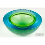 A Cenedese style glass geode bowl, in electric blue and Uranium green, unusual textured exterior,