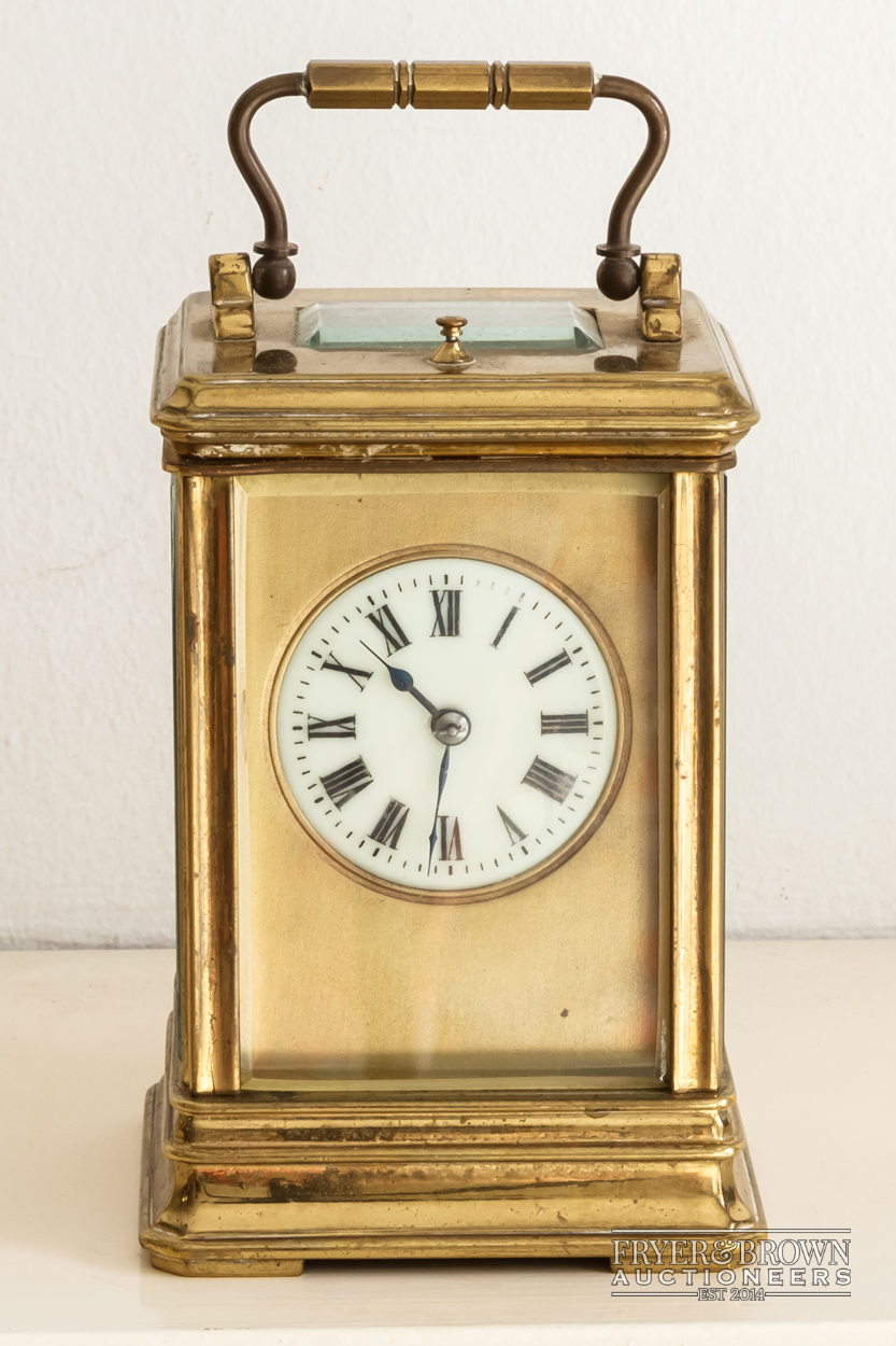 A good antique repeater carriage clock, c1890, the lacquered gilded brass corniche case with a